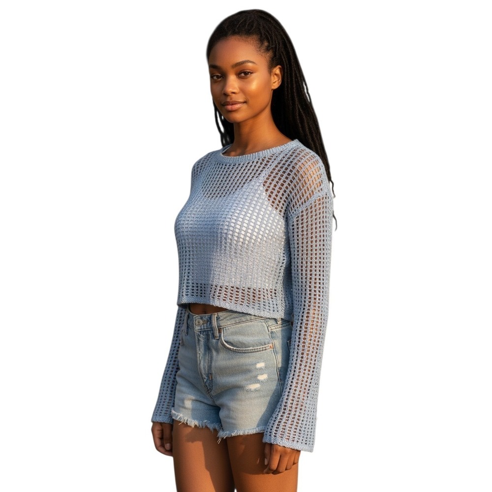 Emory Park Janine Crochet Crop Top Women's Large Blue Open Knit Long Sleeve